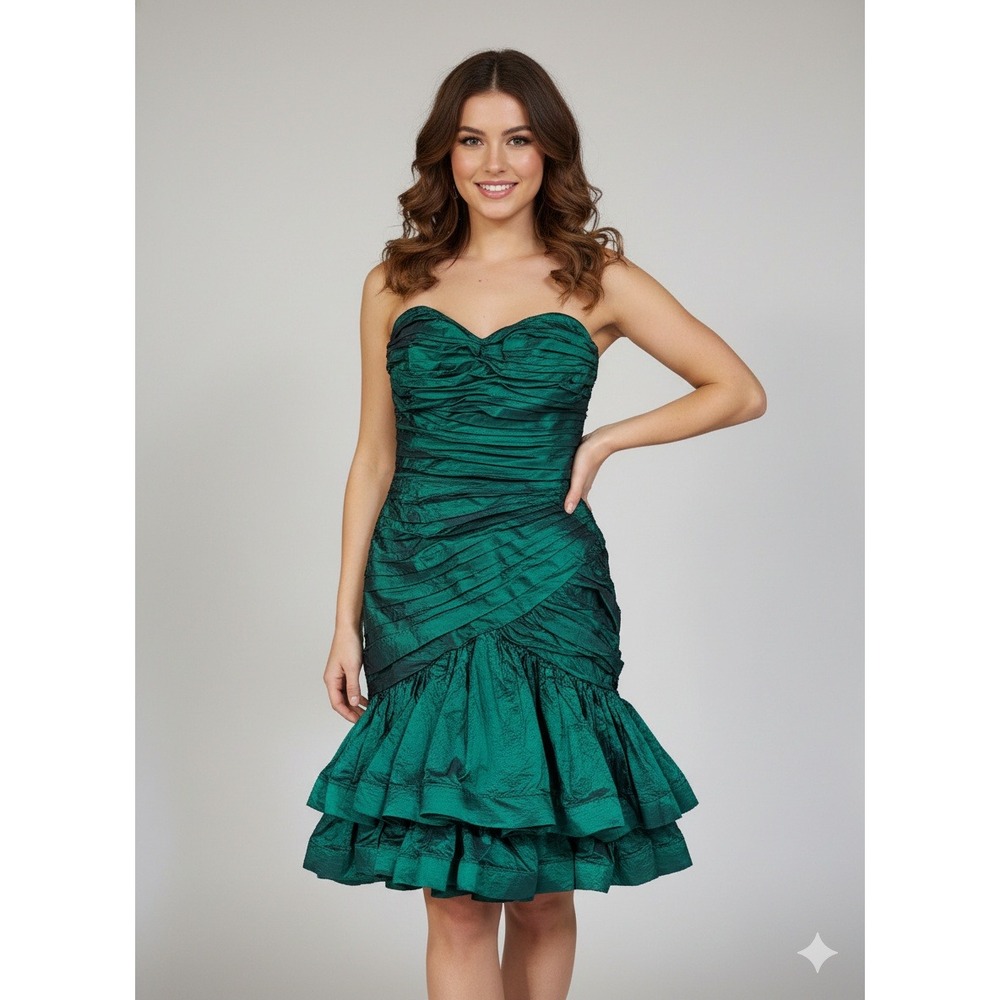 Vintage Tadashi Emerald Green Taffeta Party Dress 80s Ruched